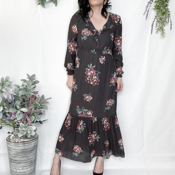 LOFT Dresses & Skirts - LOFT grey floral midi dress ruffled long sleeve896